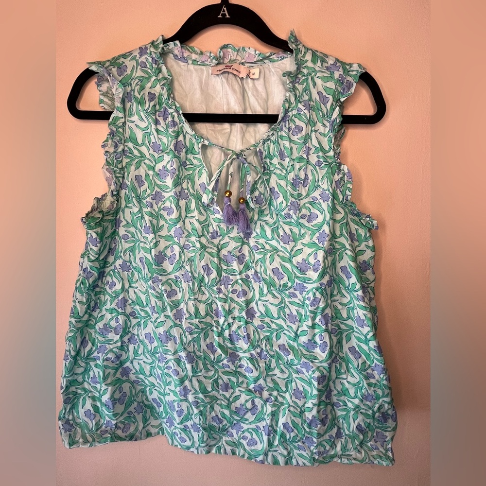Vineyard Vines Floral Tassel Sleeveless Ruffle Top Green Purple Lined Sz Medium